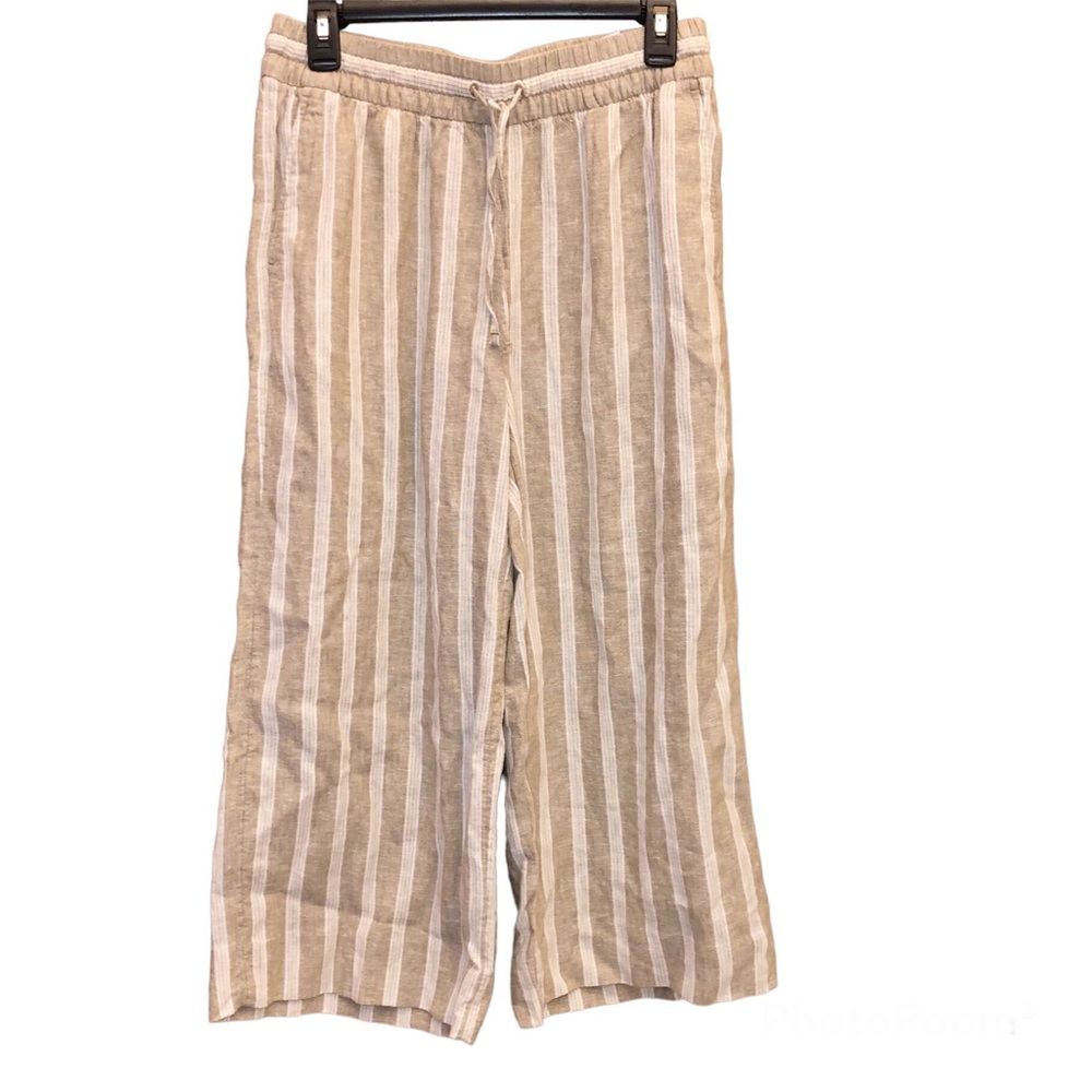 Banana Republic Factory Tan & White Striped Cropped Wide-Leg Pants